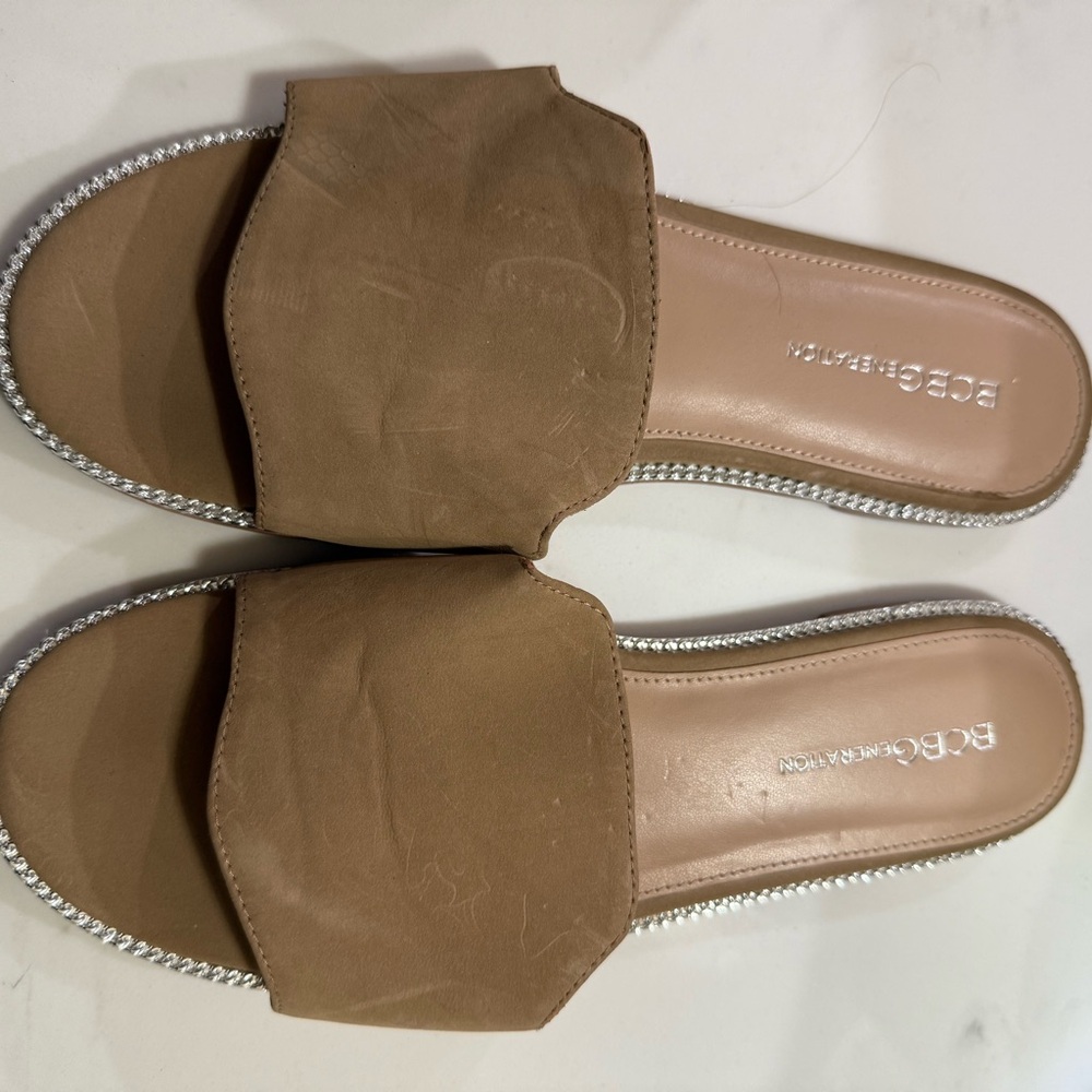 BCBG Women's Tan Slide Sandals